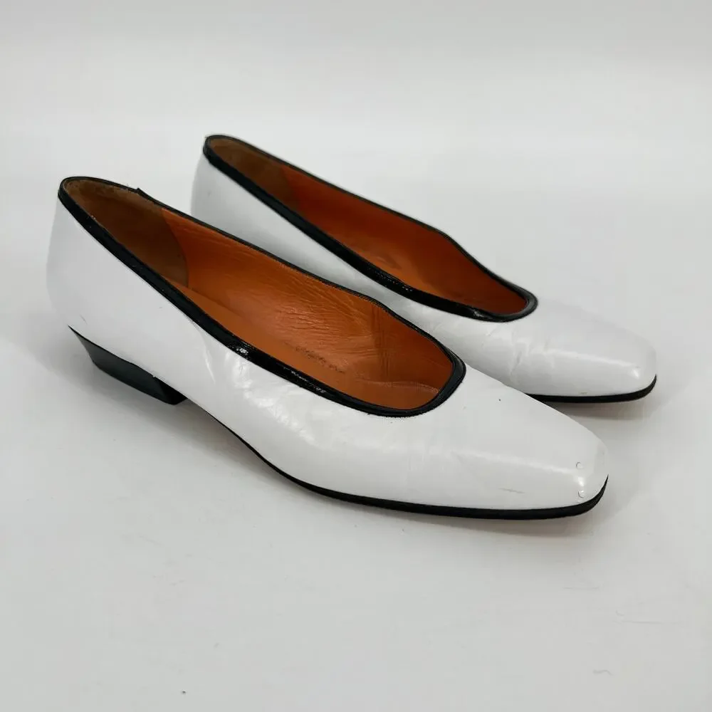 Vtg 80s Ellen Tracy Low Heel Pump Womens 6M White Black Leather Italy Square Toe